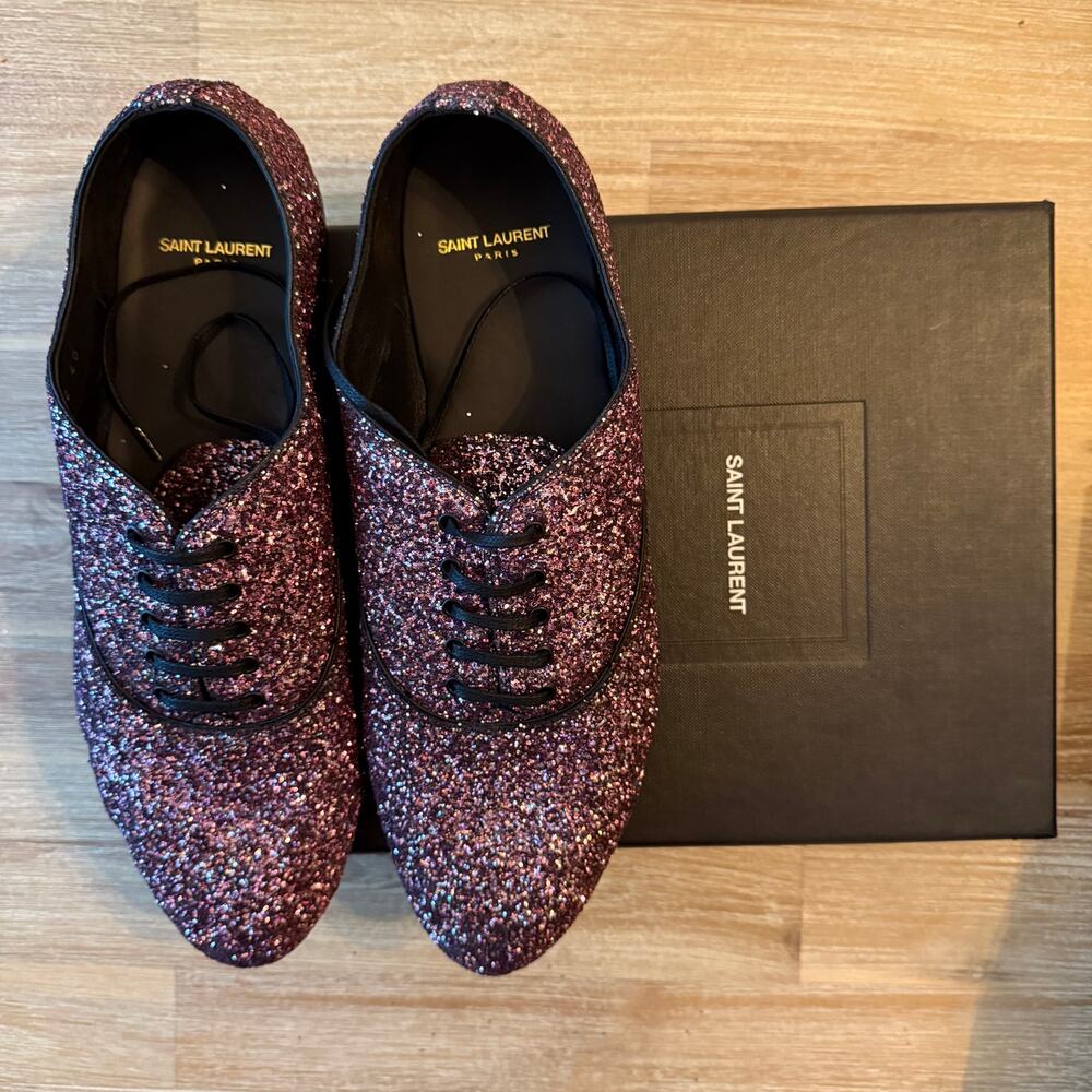 Saint Laurent YSL Shoes Size 10 40 Flats Glitter Lace-Up Oxford Dandy Unisex NIB